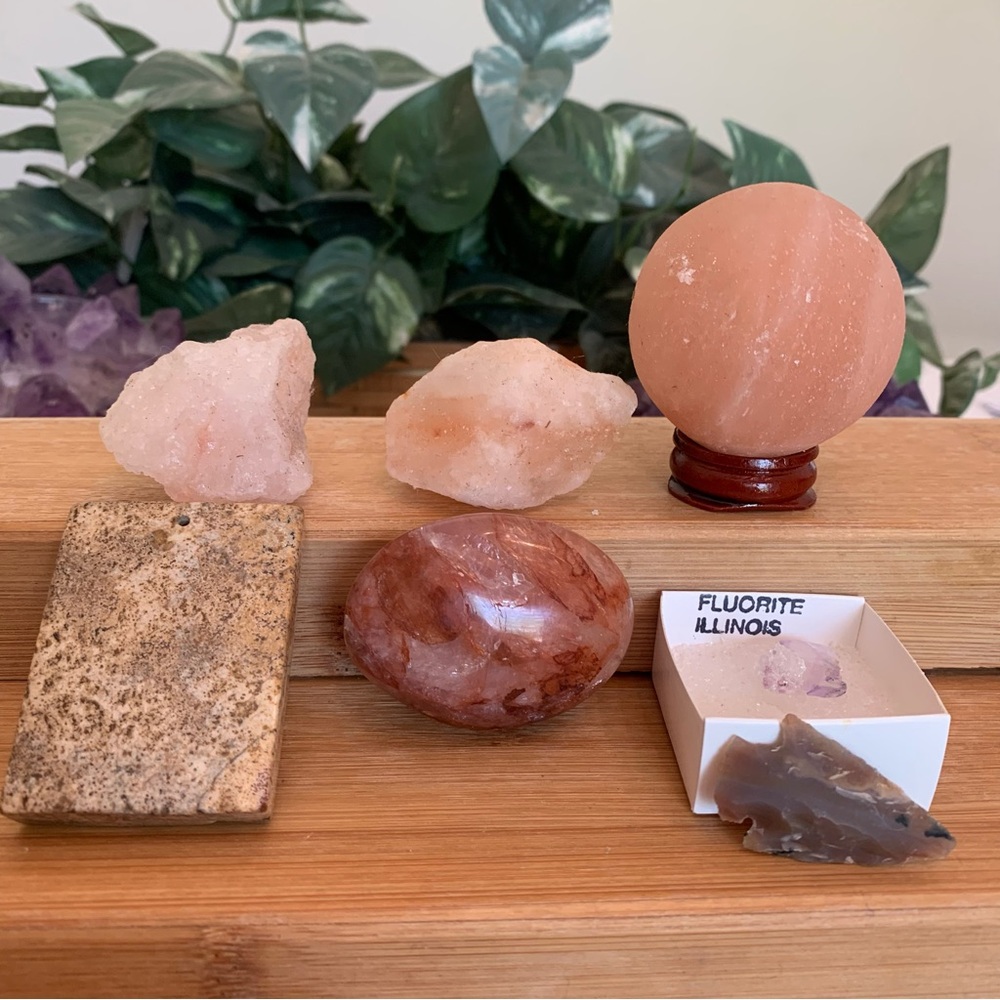 Crystal Carvings Lot Fire Quartz Picture Jasper Fluorite Salt Sphere Imperfect 7